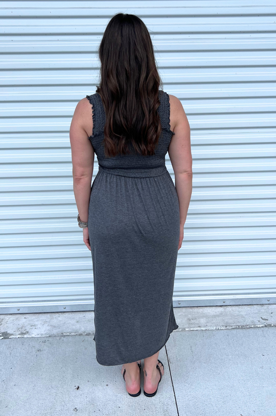 Gray nursing dress back