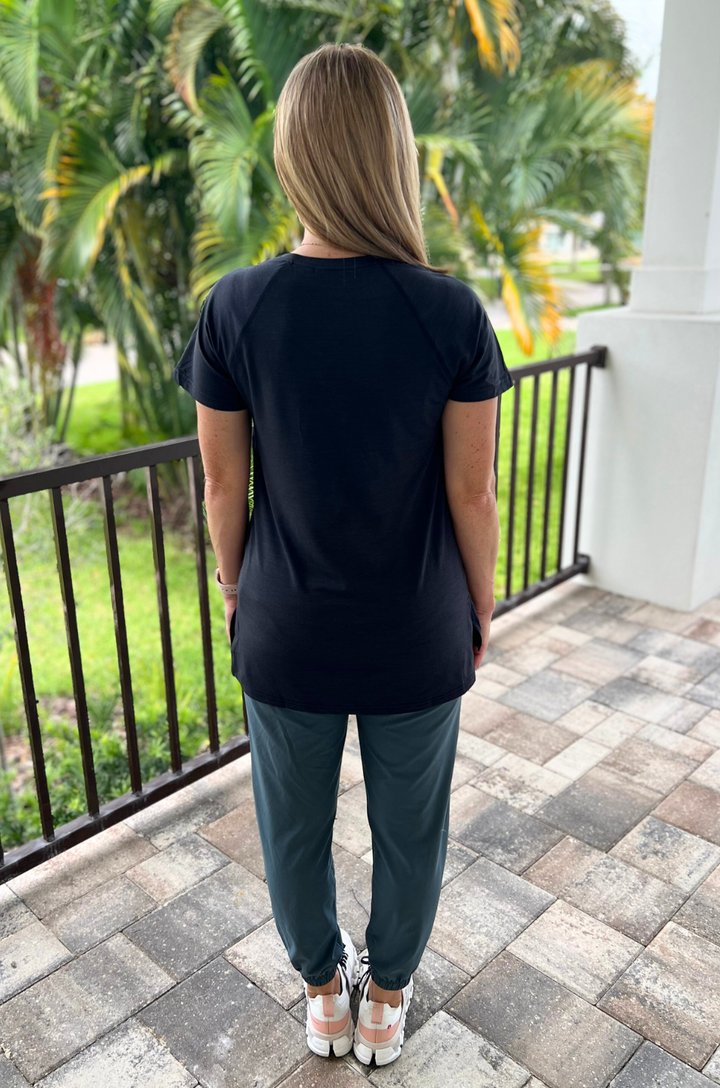 Black workout top for moms who are breastfeeding