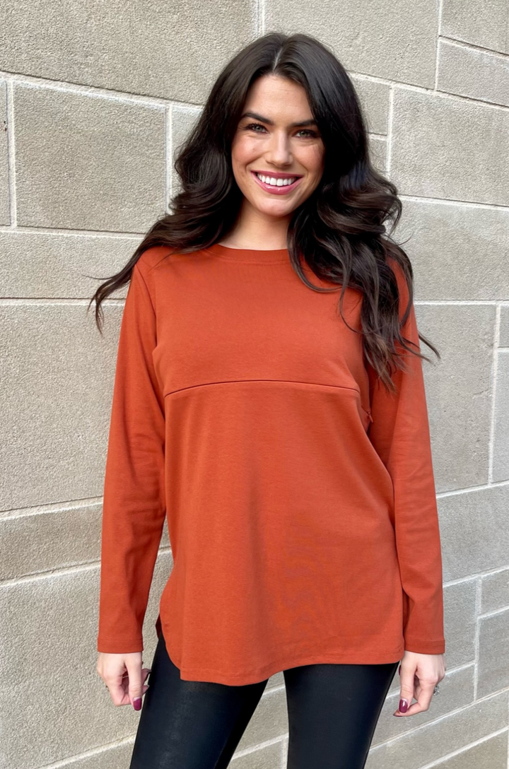 Long Sleeve Nursing Tunic Top - Rust