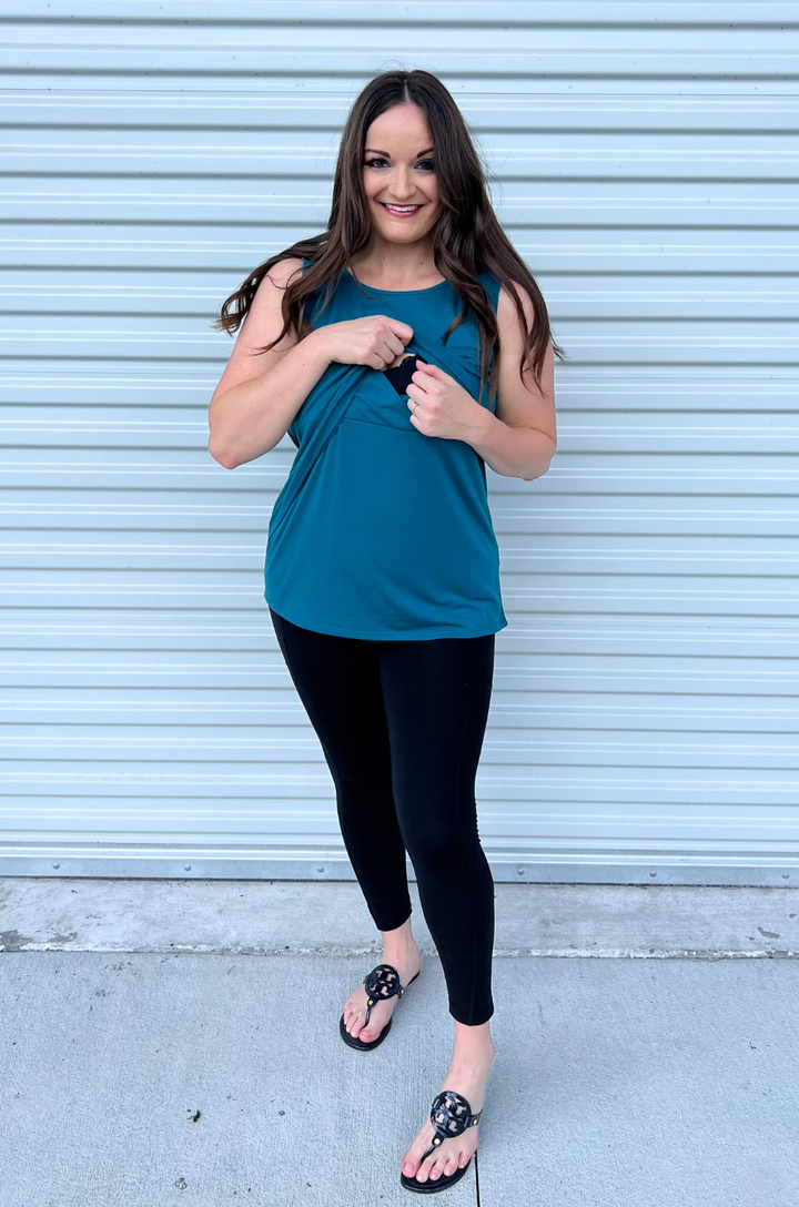 Nursing tank top in teal with asymmetrical access