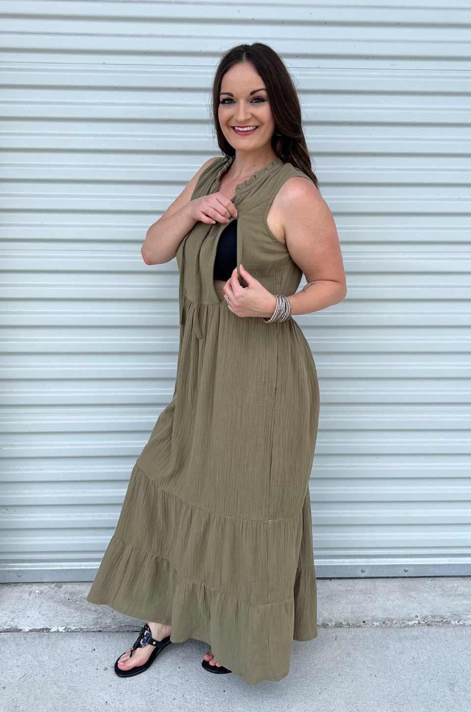 Gauze midi in olive with nursing access