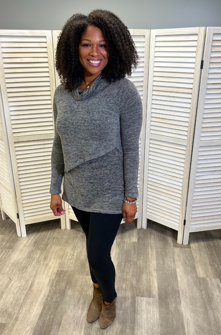 Gray asymmetrical sweater for nursing