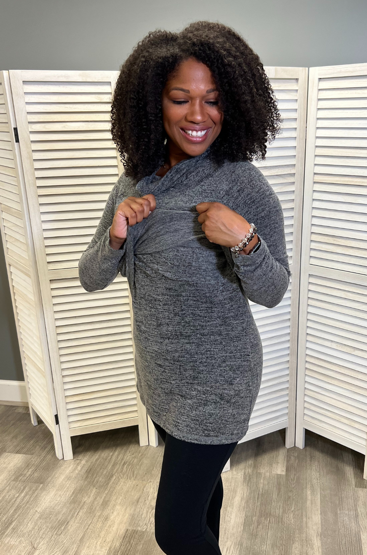 Gray asymmetrical sweater for nursing