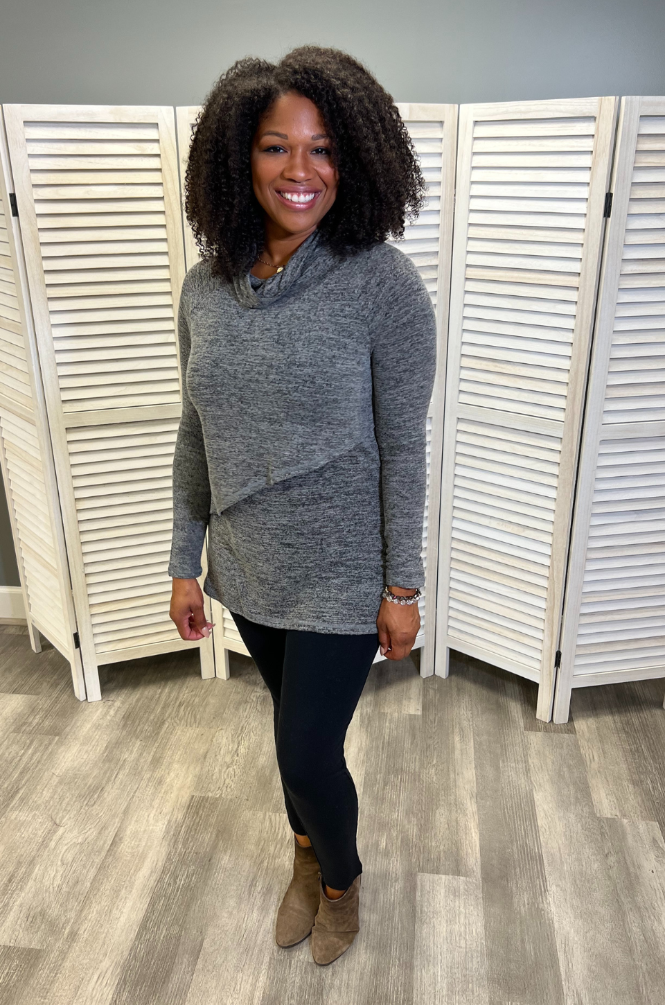 Gray asymmetrical nursing sweater