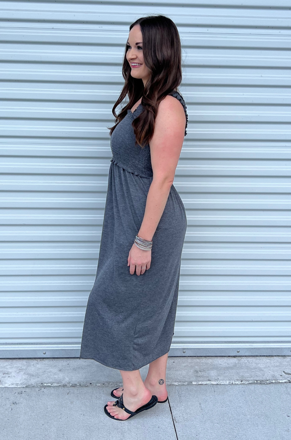 Gray smocked dress for breastfeeding