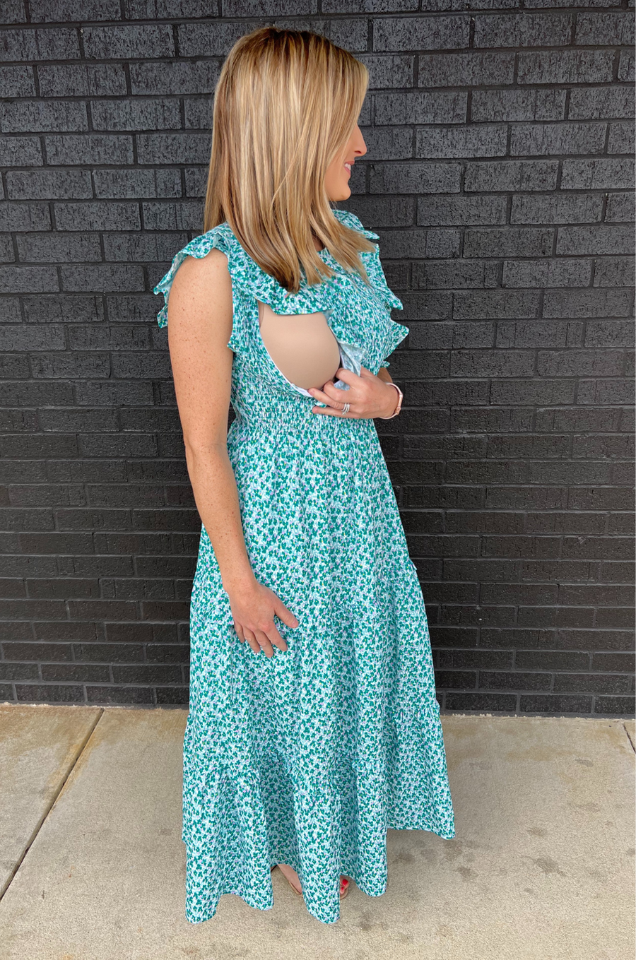 green dress with breastfeeding access