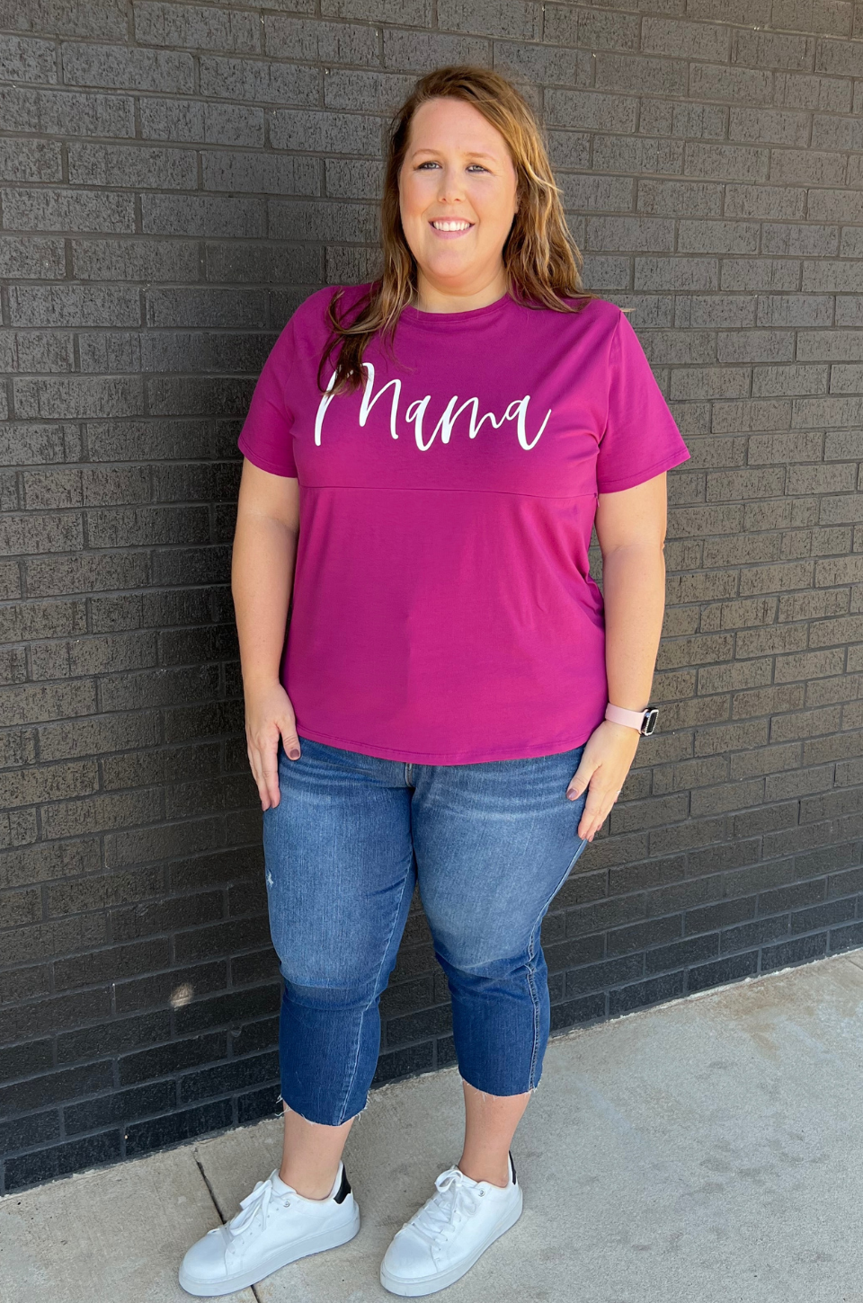 Cursive "Mama" Nursing T-Shirt - Berry