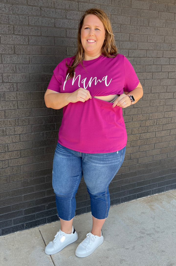 Cursive "Mama" Nursing T-Shirt - Berry