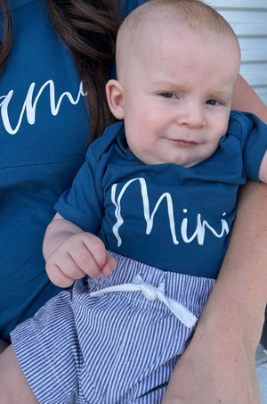 Mini onesie in blue with matching Mama tee