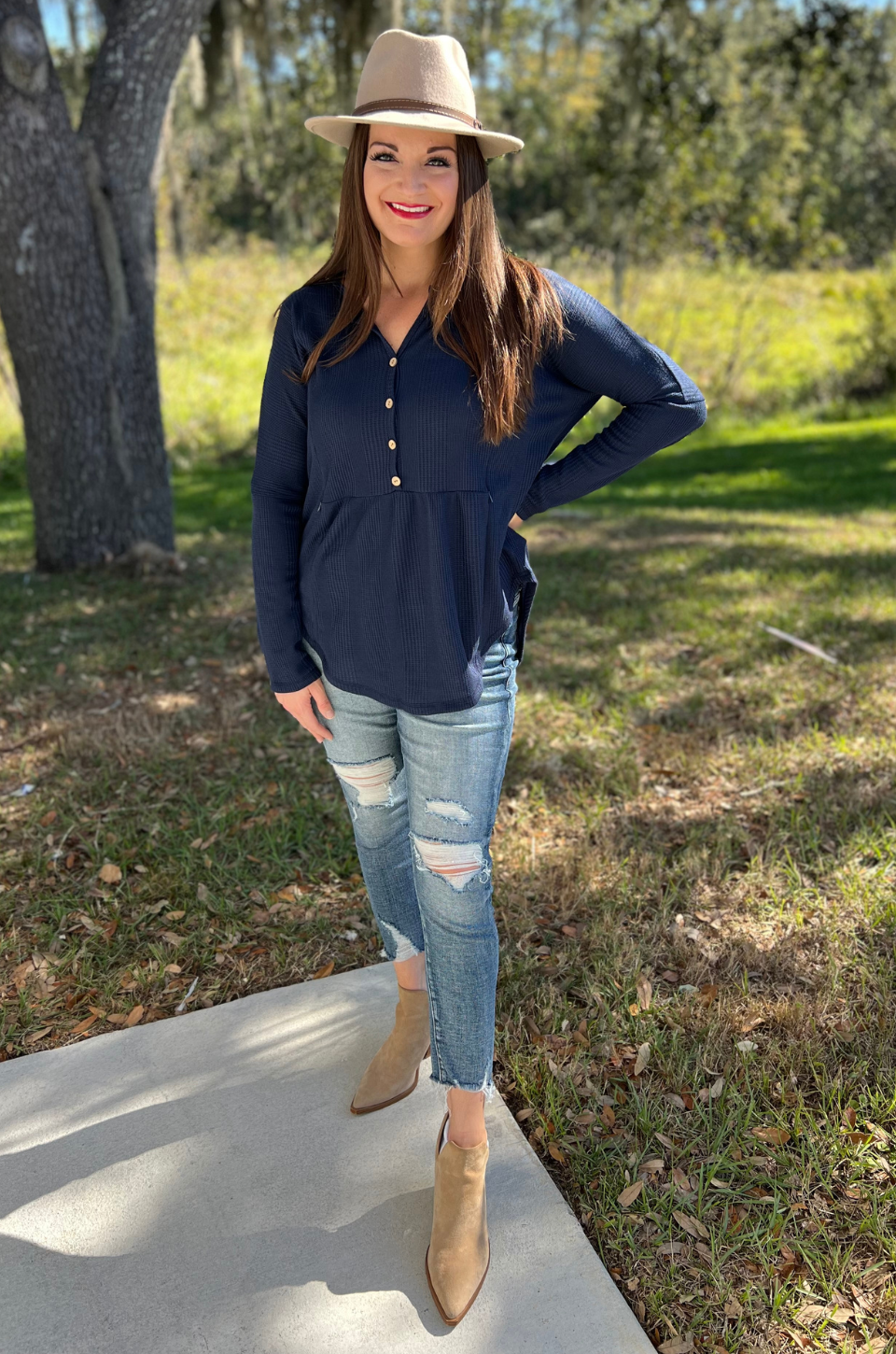 Navy blue waffle knit tunic for nursing moms