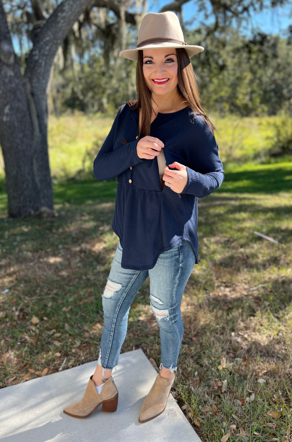 Waffle knit tunic in navy blue