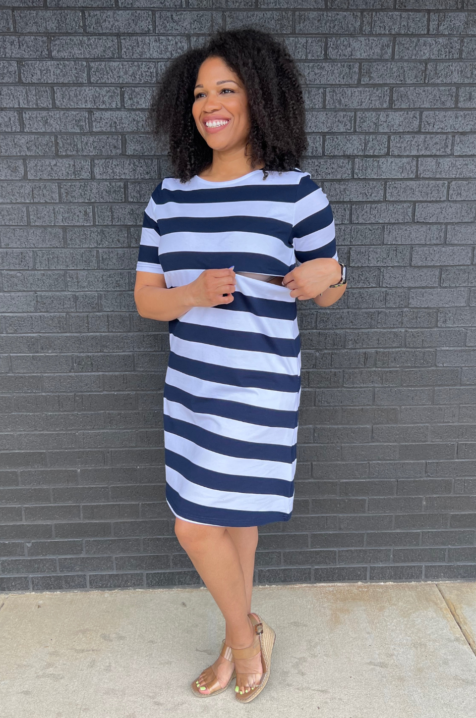 wide stripe nursing dress with breastfeeding access