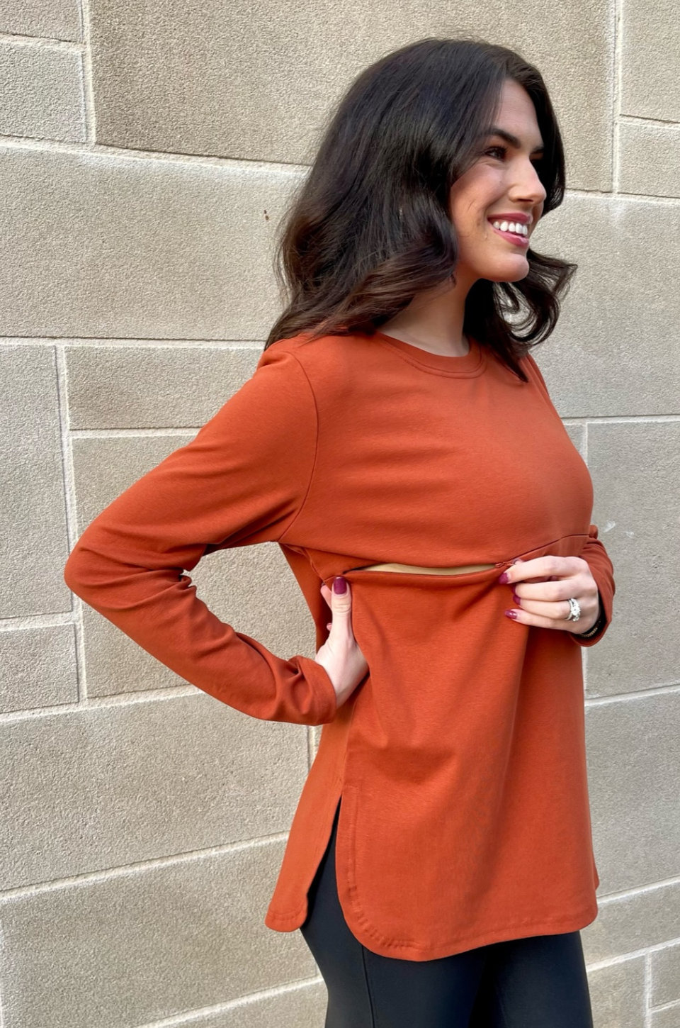 Long Sleeve Nursing Tunic Top - Rust