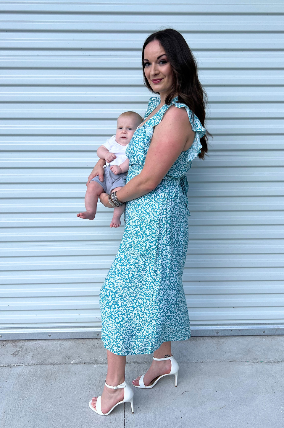 Faux wrap dress in blue for nursing moms