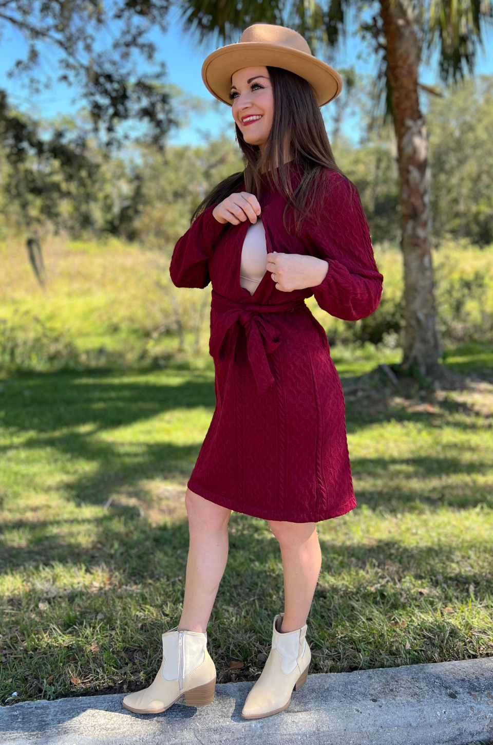 Dark red sweater dress for nursing moms