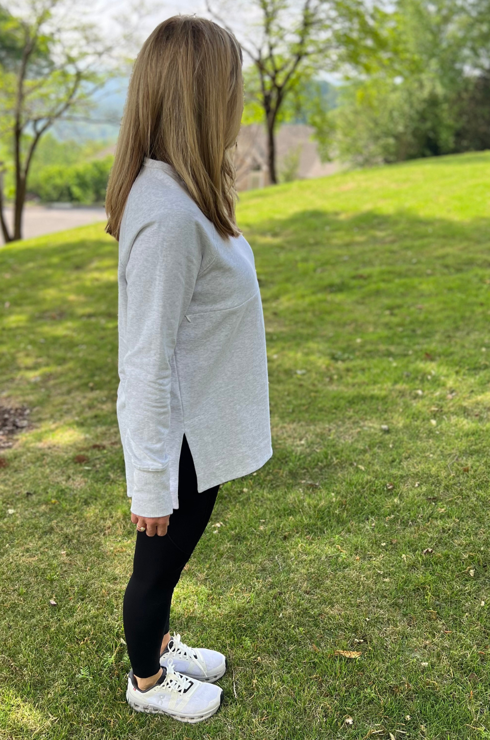 gray nursing tunic for breastfeeding mom