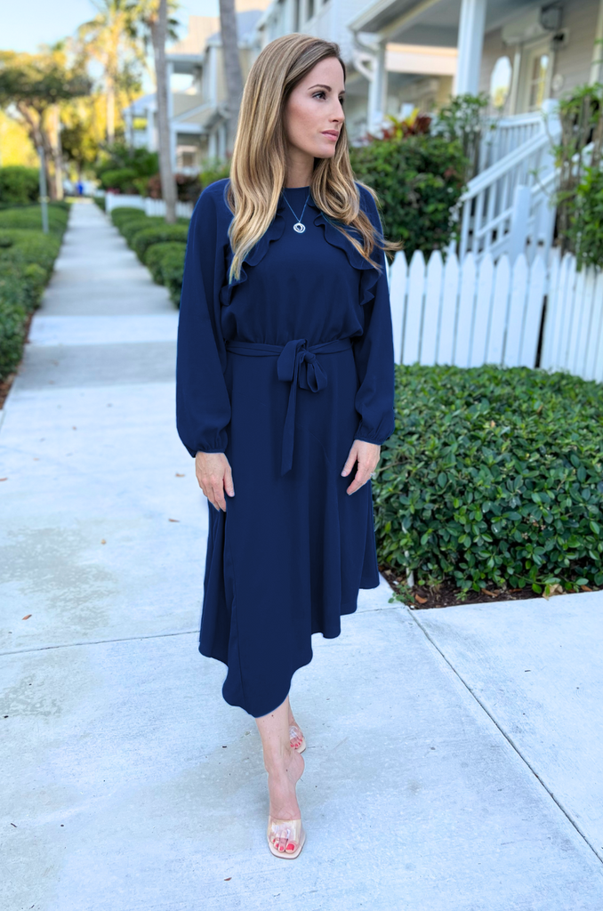 Navy batwing belted midi dress best sale