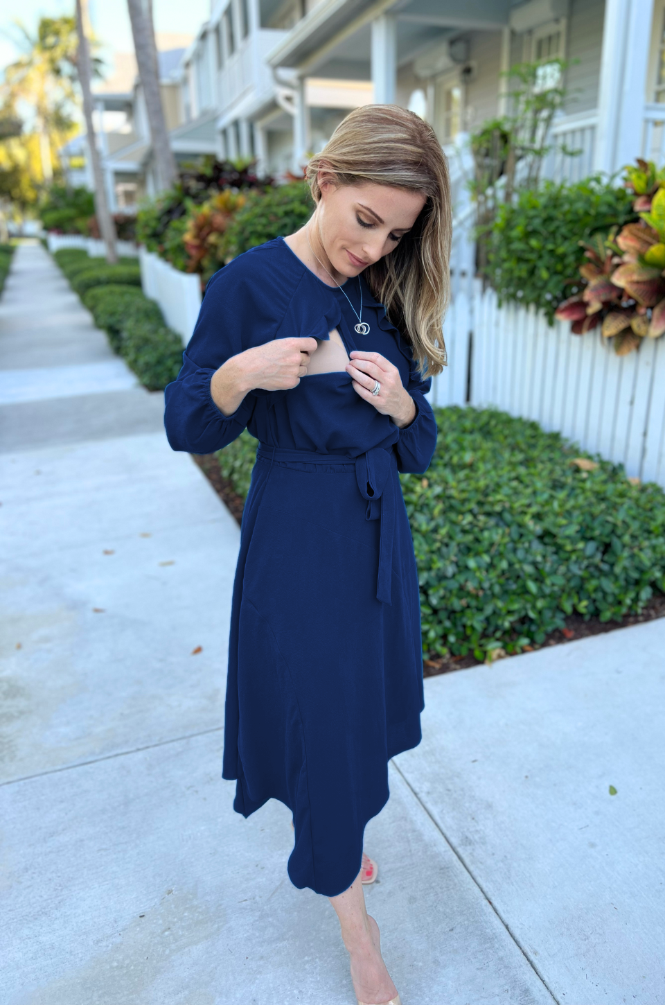 FINAL SALE Long Sleeve Crepe Belted Midi Dress - Navy 2.0