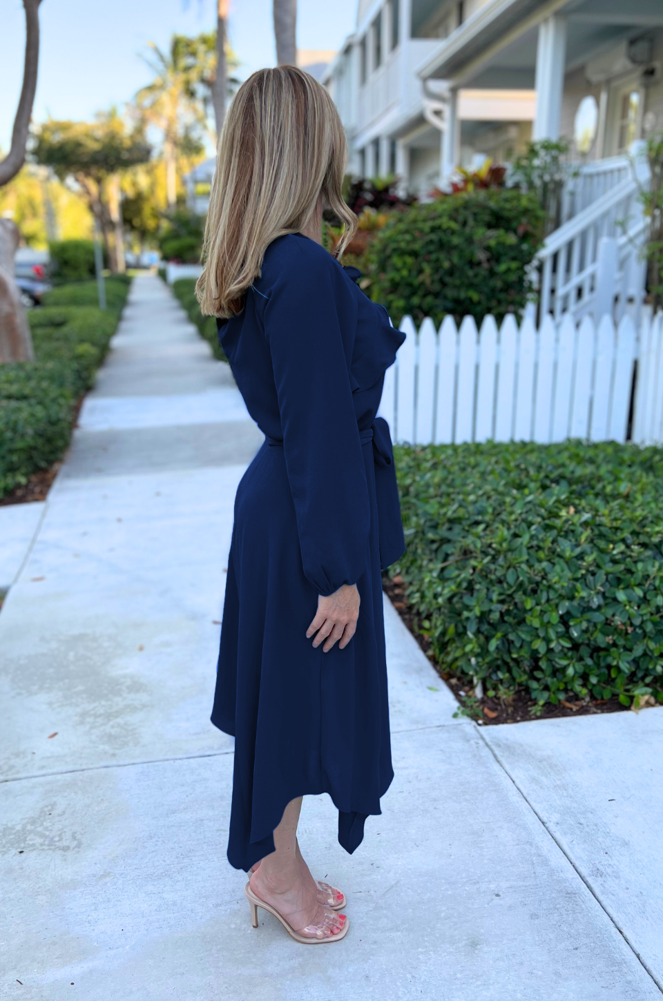 FINAL SALE Long Sleeve Crepe Belted Midi Dress - Navy 2.0