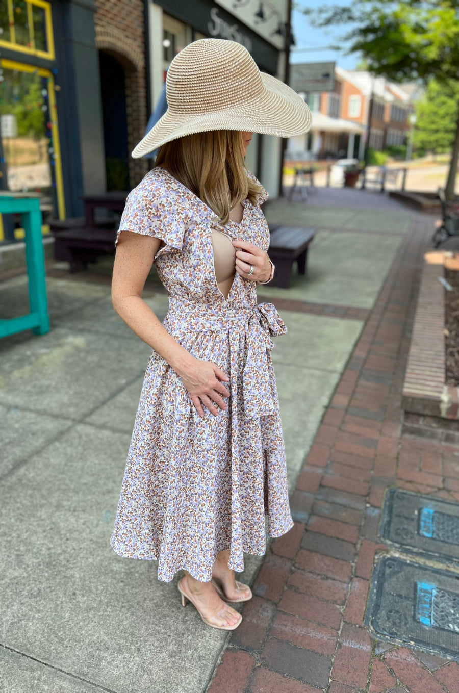 Belted Nursing Midi with Pockets- Beige Floral