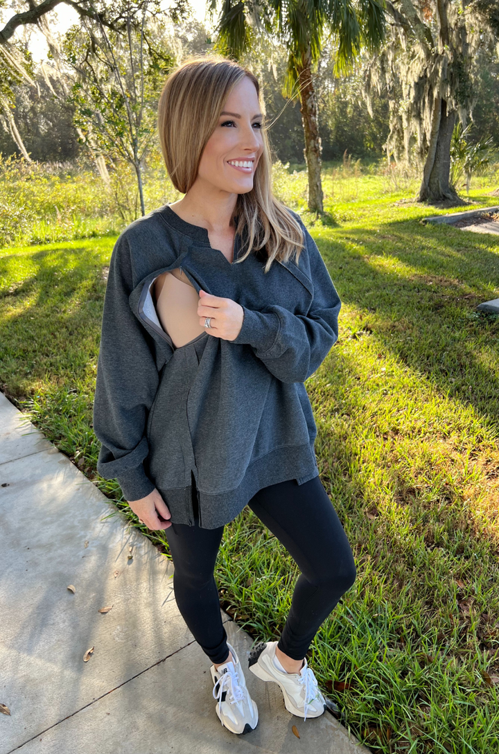 COMING SOON Super Oversized Nursing Crewneck Sweatshirt - Dark Gray