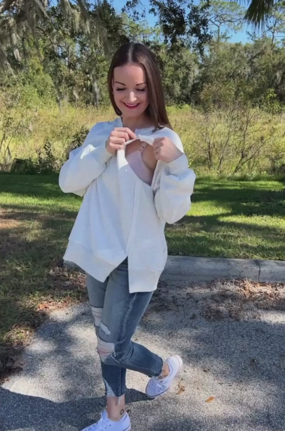 Nursing access in oversized gray sweatshirt