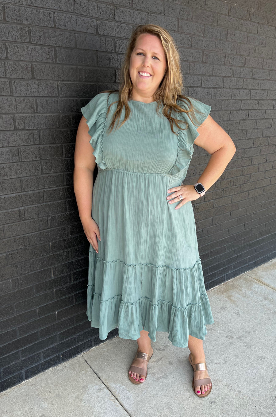 Gauze Ruffle Midi Dress- Seafoam Green