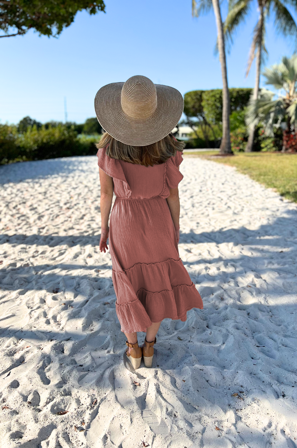 Gauze Ruffle Midi Dress- Terracotta