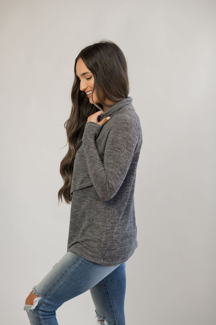 Nursing Sweater With Asymmetrical Flap- Gray