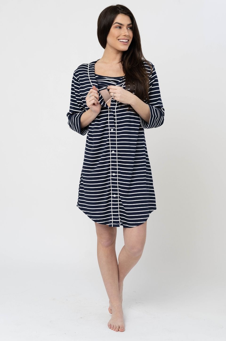 Nursing Pajamas- Striped Henley Sleep Shirt- Dark Blue